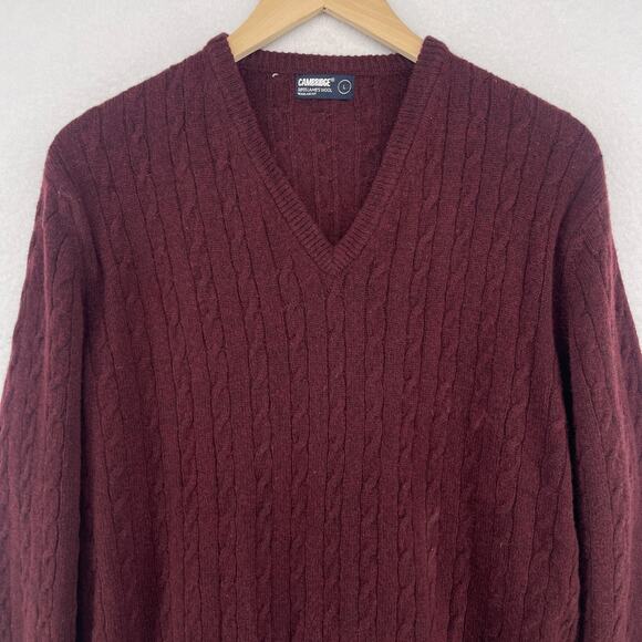 CAMBRIDGE Sweater Mens L Super Lambswool Blend Cable V-Neck Pullover Burgundy - Picture 4 of 13